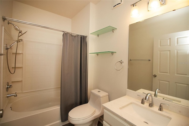 full bathroom with vanity, shower / bath combo with shower curtain, and toilet