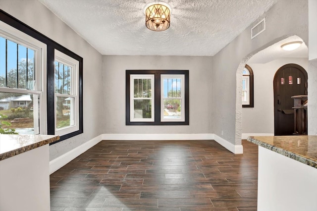 interior space with a textured ceiling, plenty of natural light, and dark wood-type flooring