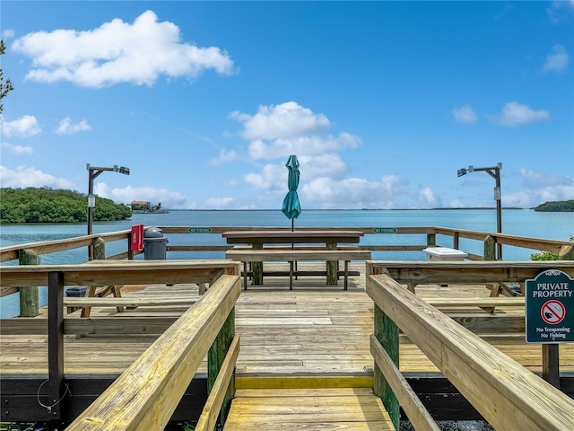 view of dock with a water view