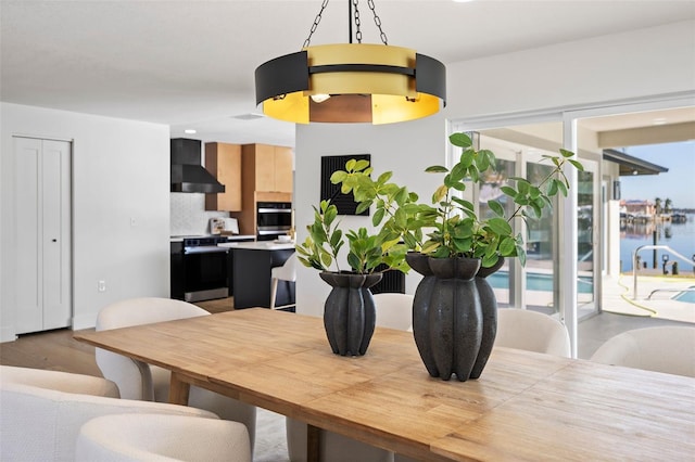 dining area with a water view