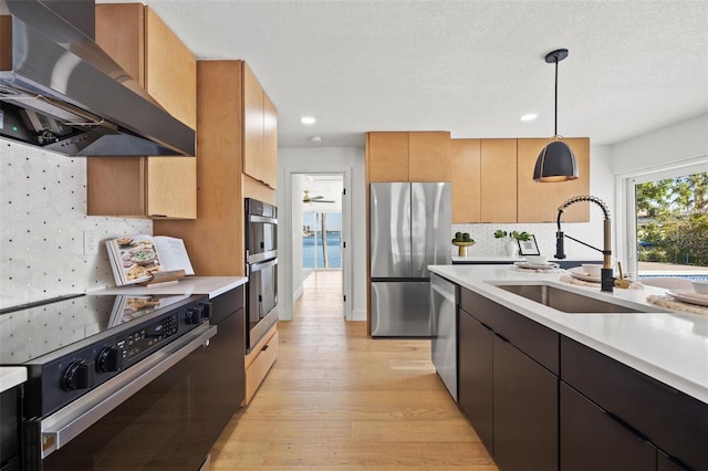 kitchen featuring appliances with stainless steel finishes, light wood-type flooring, wall chimney exhaust hood, sink, and pendant lighting