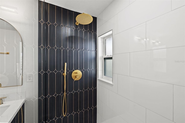 bathroom featuring walk in shower and tile walls