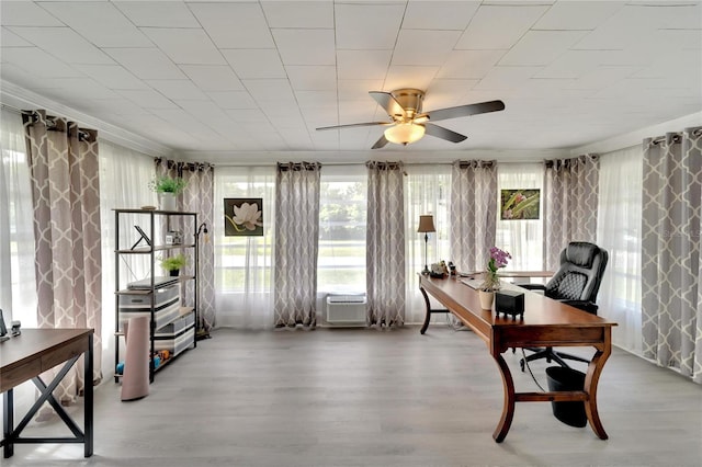 interior space with a wall unit AC and ceiling fan