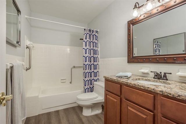 full bathroom with vanity, toilet, shower / bathtub combination with curtain, tasteful backsplash, and wood-type flooring