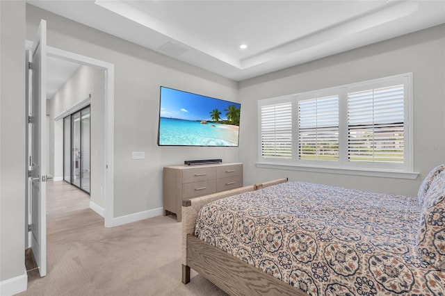 carpeted bedroom featuring a raised ceiling