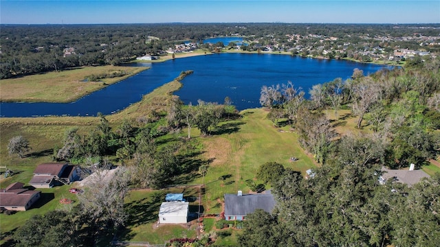 bird's eye view with a water view