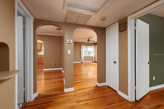 hallway featuring light wood-type flooring and ornamental molding