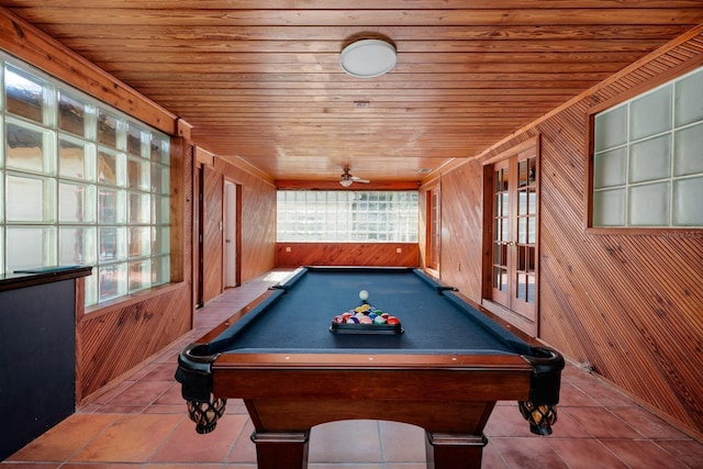 rec room with wood walls, wood ceiling, and billiards