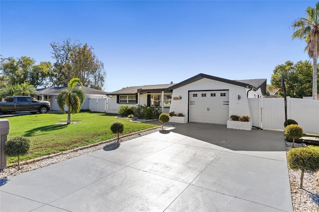 ranch-style home with a front yard and a garage