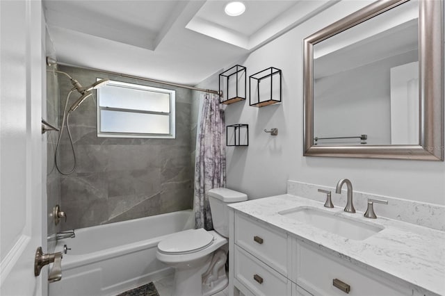 full bathroom with toilet, vanity, and shower / tub combo with curtain