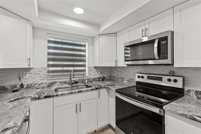 kitchen with white cabinets, sink, stainless steel appliances, and a tray ceiling