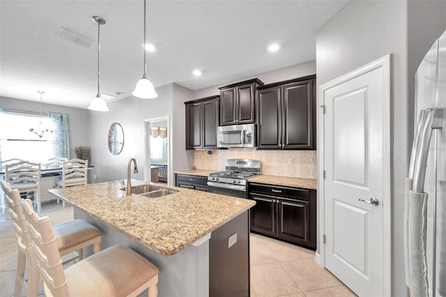 kitchen featuring hanging light fixtures, sink, decorative backsplash, an island with sink, and appliances with stainless steel finishes