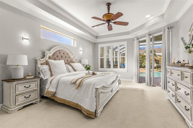 carpeted bedroom featuring access to exterior, multiple windows, ornamental molding, and ceiling fan