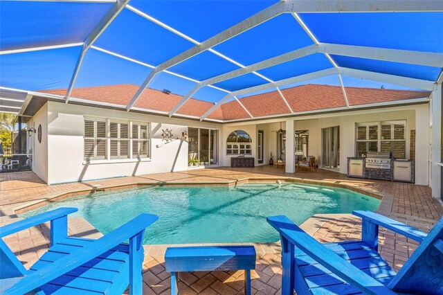 view of swimming pool featuring a lanai, area for grilling, grilling area, and a patio area