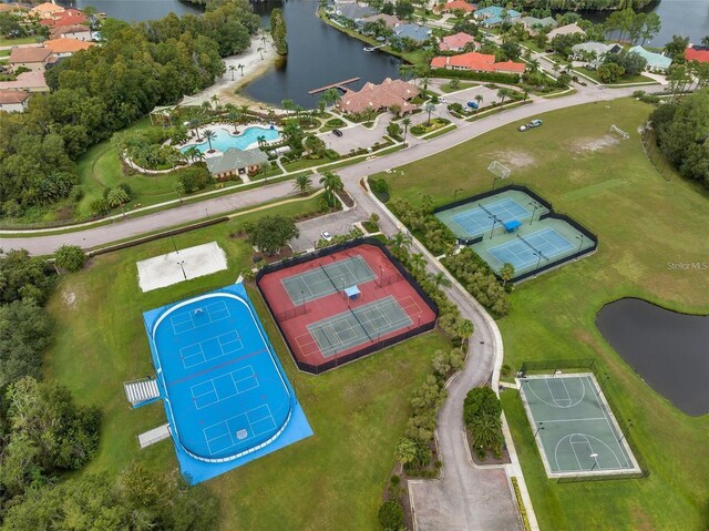 drone / aerial view with a water view