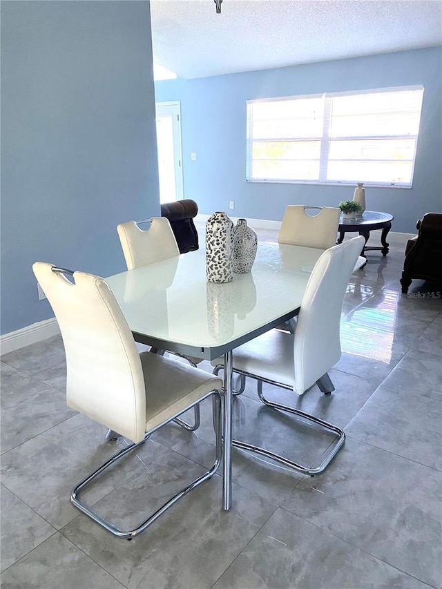 dining room featuring concrete floors, a textured ceiling, baseboards, and a wealth of natural light