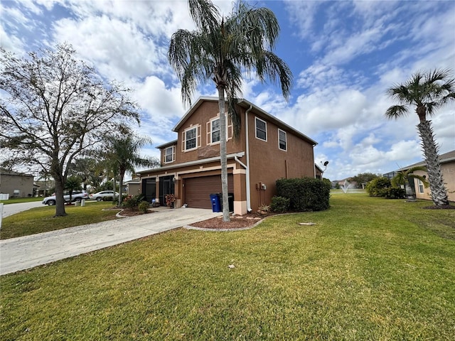 view of property exterior featuring a yard and a garage