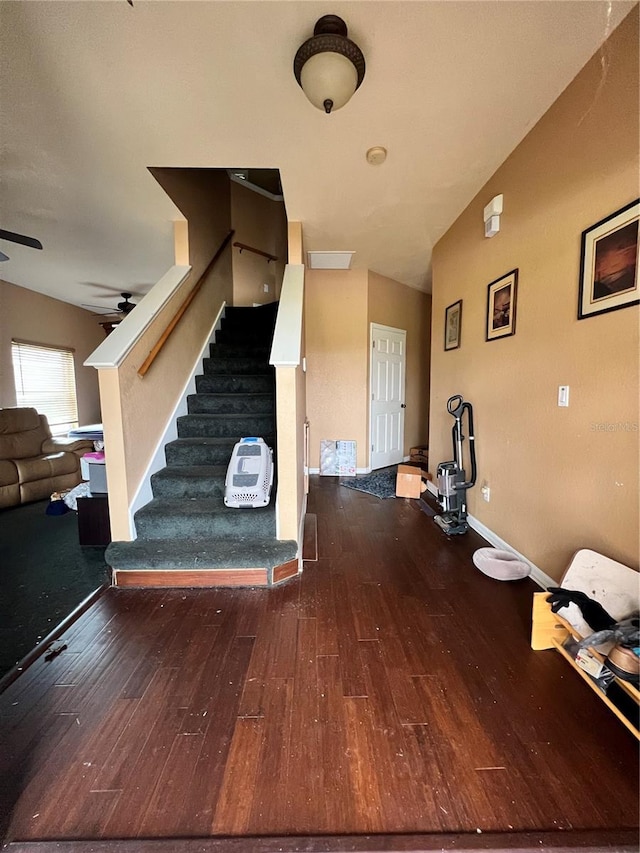 13404 Hampton Park Ct, Fort Myers, FL 33913 - staircase with hardwood / wood-style floors, lofted ceiling, and a ceiling fan
