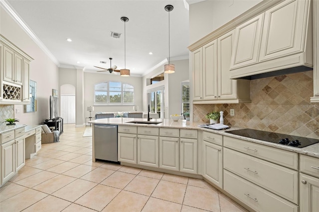 kitchen with cream cabinetry, dishwasher, black electric cooktop, and sink