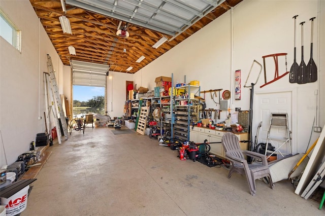 garage with a workshop area