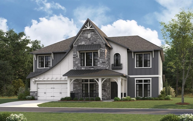 view of front of home featuring a porch, a garage, and a front lawn