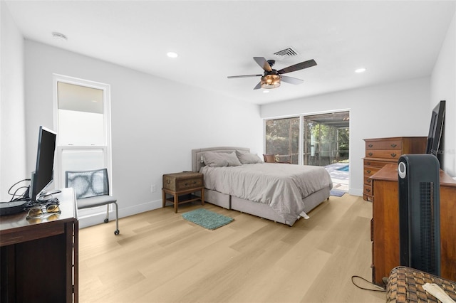 bedroom featuring ceiling fan, light hardwood / wood-style floors, and access to outside