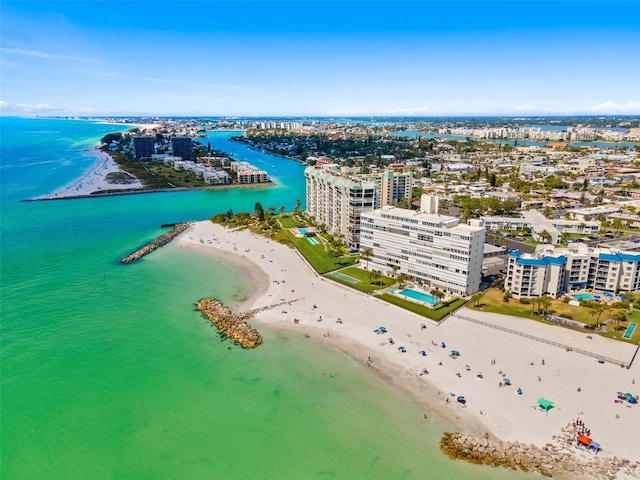 aerial view with a view of the beach and a water view