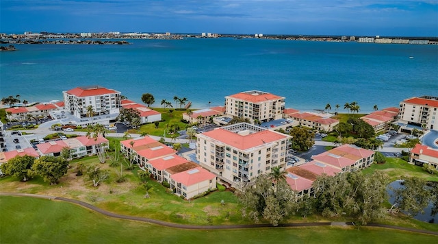 drone / aerial view with a water view