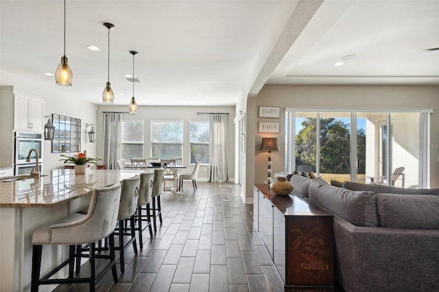 living room with dark hardwood / wood-style floors and sink