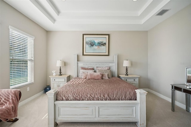 carpeted bedroom with a raised ceiling and multiple windows