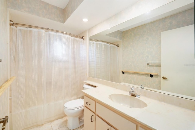 full bathroom with tile patterned floors, vanity, shower / bathtub combination with curtain, and toilet