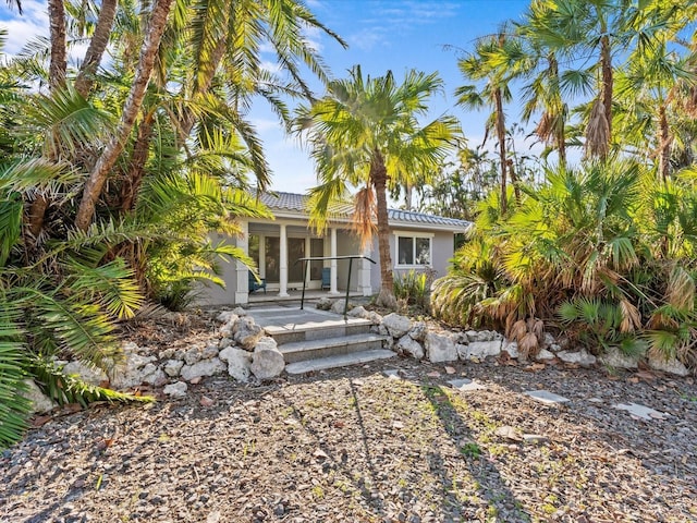35 Juniper Way, Clearwater Beach, FL 33767 - back of property with stucco siding, a tile roof, and a patio