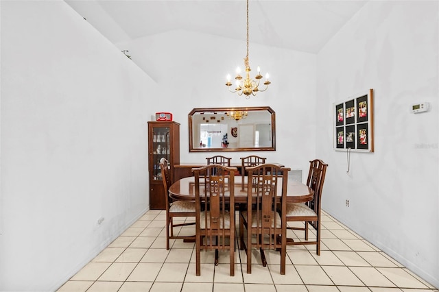 dining room featuring high vaulted ceiling, an inviting chandelier, and light tile patterned flooring