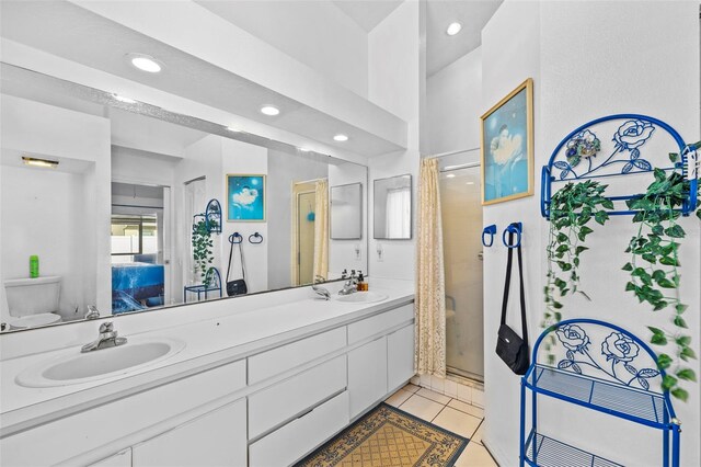 1202 Sawdust Ct, Valrico, FL 33596 - full bath with recessed lighting, double vanity, a shower with shower curtain, and tile patterned flooring