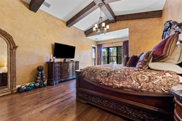 bedroom with a chandelier, hardwood / wood-style floors, and lofted ceiling with beams