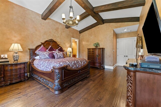 bedroom with a chandelier, vaulted ceiling with beams, and dark wood-type flooring