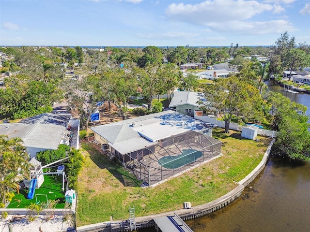 birds eye view of property featuring a water view