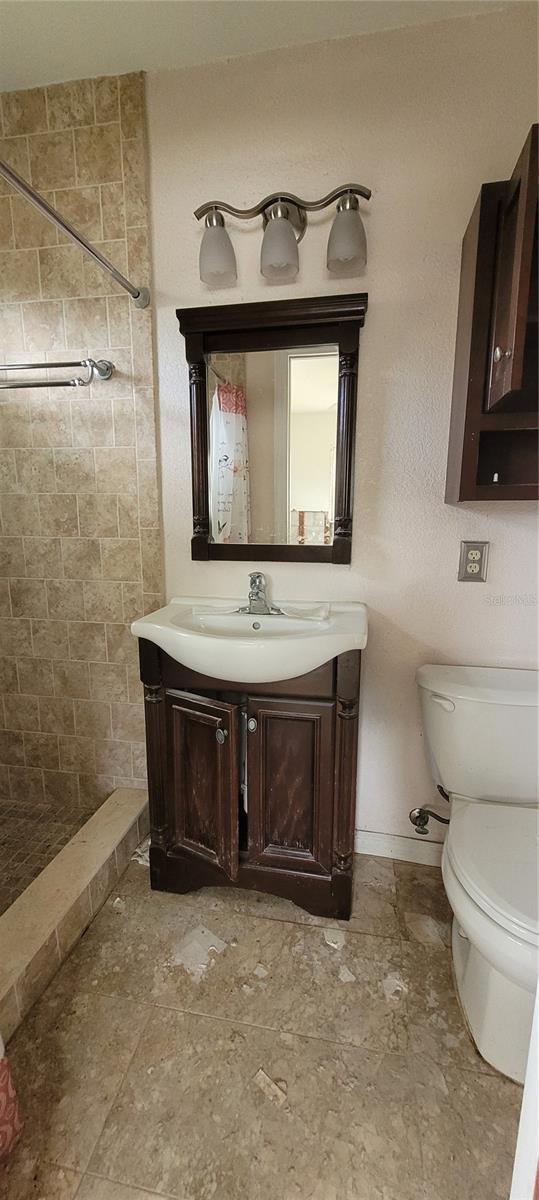 bathroom with vanity, toilet, and tiled shower