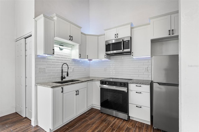 kitchen with white cabinetry, sink, light stone countertops, dark hardwood / wood-style floors, and appliances with stainless steel finishes