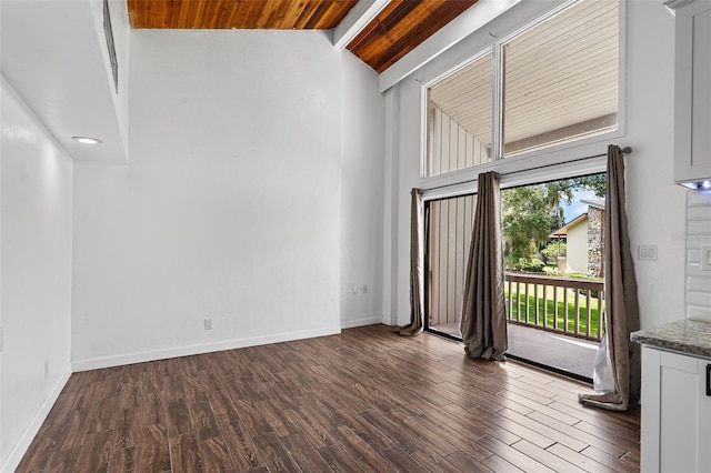 interior space featuring beamed ceiling, dark hardwood / wood-style floors, high vaulted ceiling, and wood ceiling