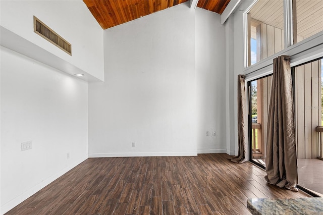 unfurnished room with wood ceiling, dark wood-type flooring, and high vaulted ceiling