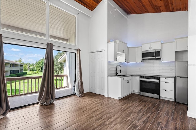 kitchen featuring appliances with stainless steel finishes, dark wood-type flooring, sink, high vaulted ceiling, and white cabinets