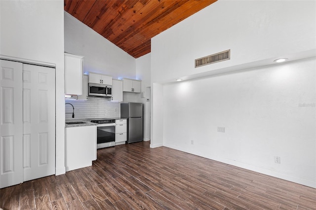 kitchen with dark hardwood / wood-style flooring, stainless steel appliances, sink, high vaulted ceiling, and white cabinetry