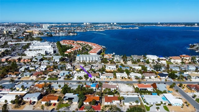 drone / aerial view with a water view