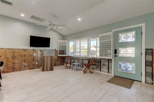 entrance foyer with vaulted ceiling and ceiling fan