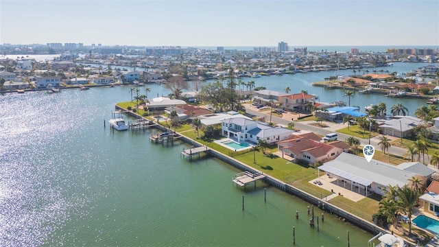 drone / aerial view with a water view