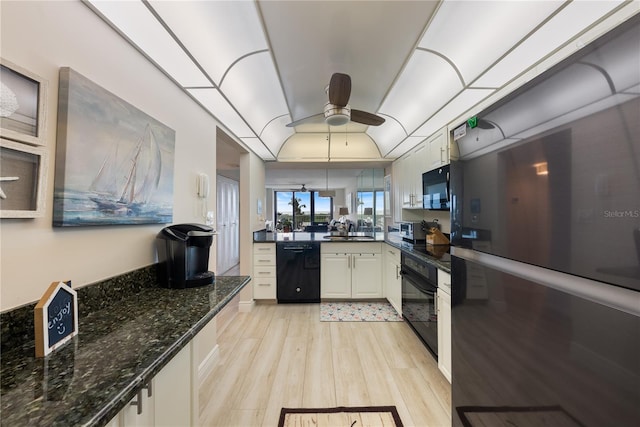 kitchen with sink, light hardwood / wood-style flooring, a tray ceiling, white cabinets, and black appliances