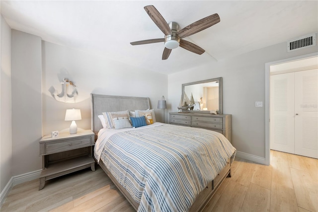 bedroom with ceiling fan, light wood-type flooring, and a closet