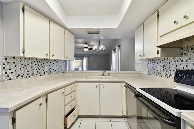 kitchen featuring kitchen peninsula, sink, electric stove, light tile patterned floors, and dishwasher