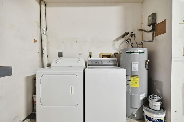 clothes washing area featuring washer and dryer and water heater